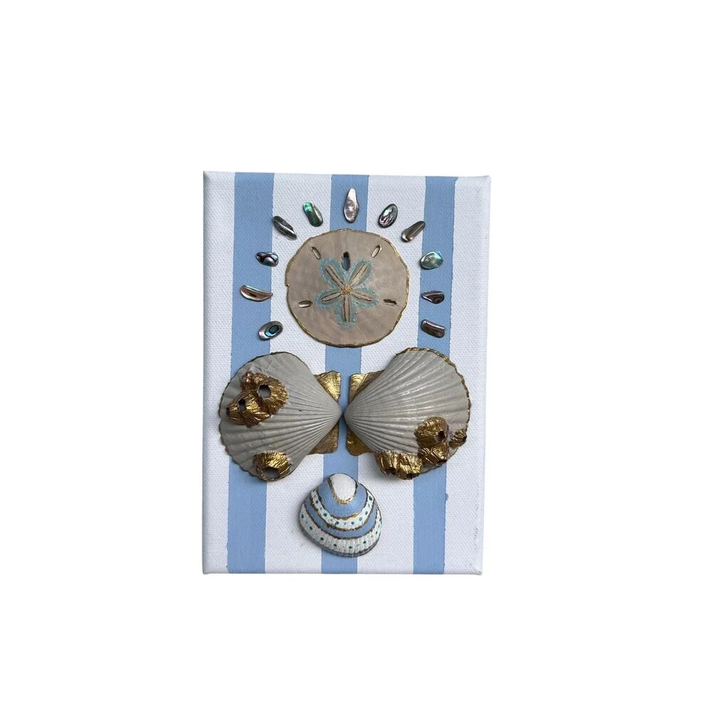 Set of 2 Preppy Beach Handpainted Shell Art Mini Canvas 5x7 Coastal Wall Decor